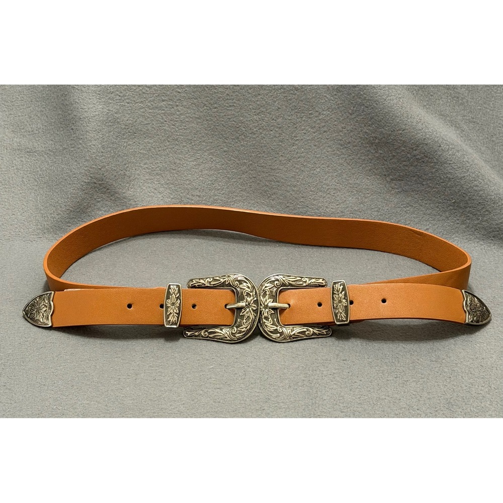 Western‎ Women's sz 37.5 Double Buckle Belt Tan Silver Engraved Boho Cowgirl
